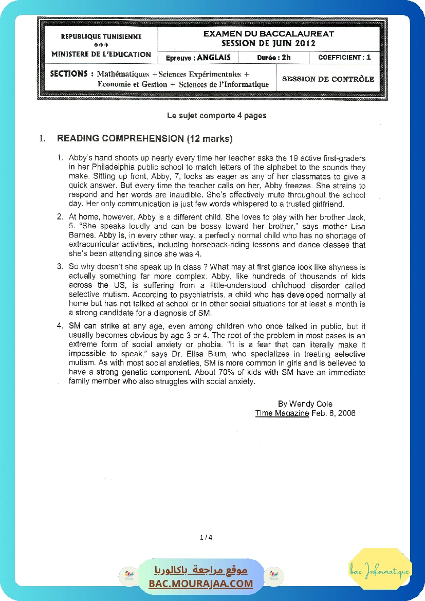 Sujet controle anglais Bac 2012 – Section info